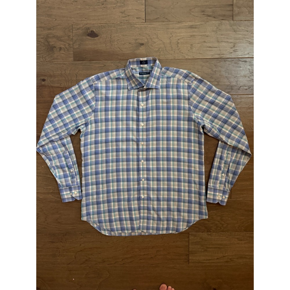 Peter Millar Collection Mens Large Blue Green Plaid Cotton Button Down Shirt